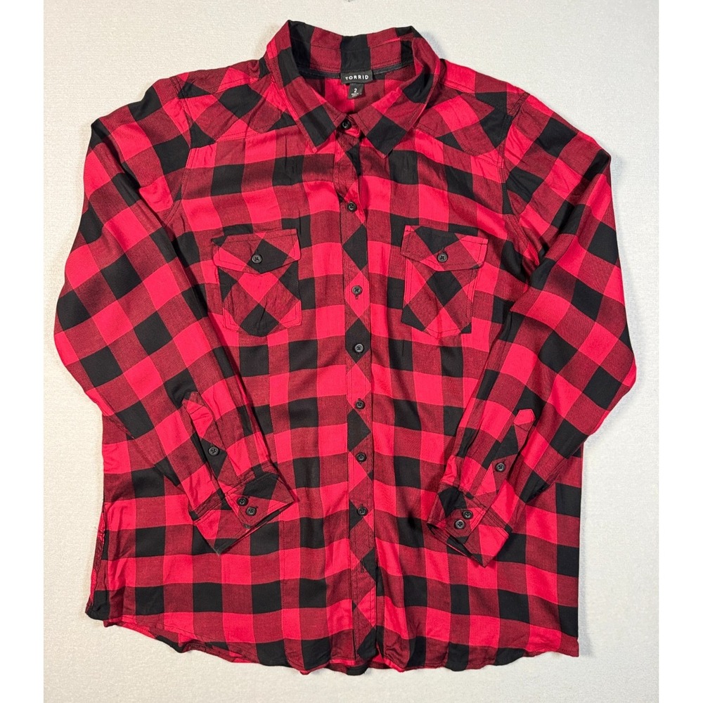 Torrid Women's Red & Black Plaid Button Up Shirt - Chest Pockets - Size 2 - 2018